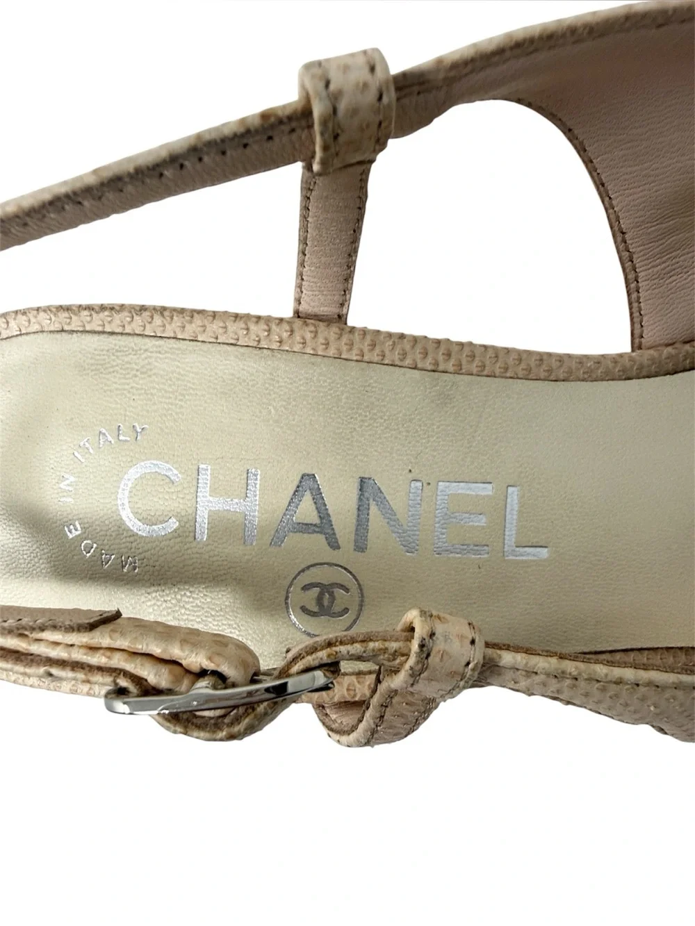 Chanel Cap Toe CC Rare Leather Lizard Slingback Beige Black Pumps Size 37.5